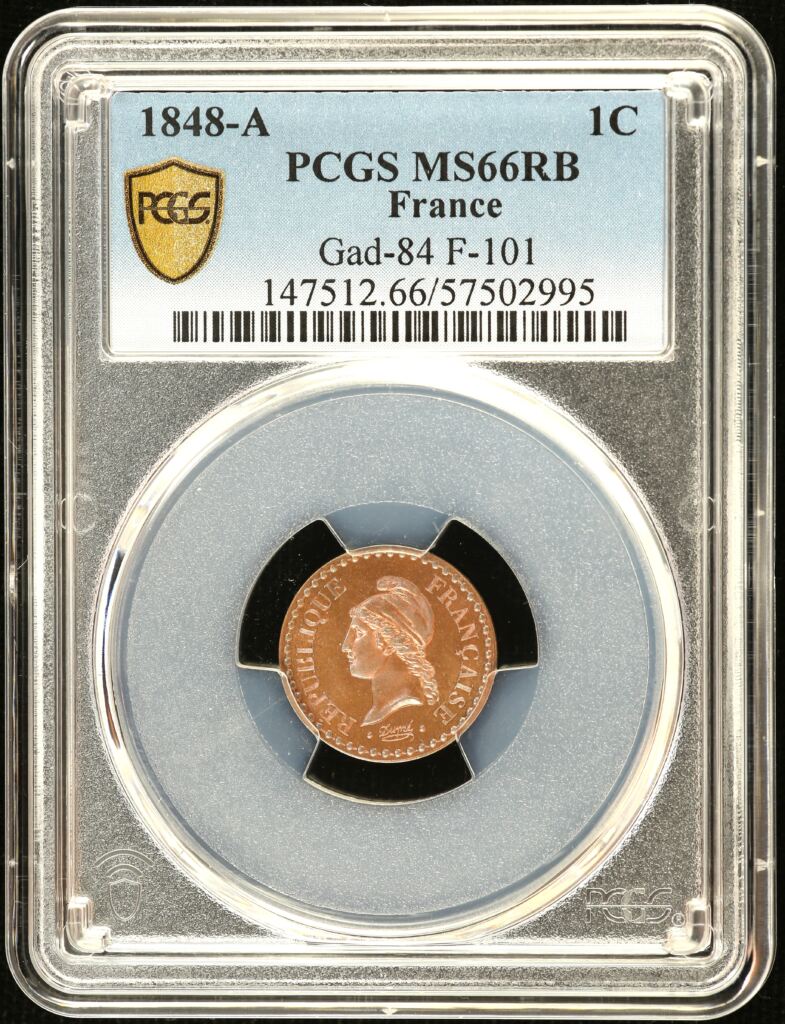 Europe  France  World Coins France Centime 1848 A Gad-84 F-101 PCGS MS66RB 0150398 France Centime 1848 A Gad-84 F-101 PCGS MS66RB 0150398