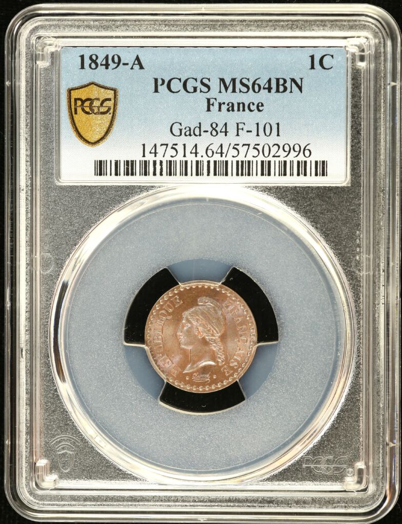 Europe  France  World Coins France Centime 1849 A Gad-84 F-101 PCGS MS64BN 0150399 France Centime 1849 A Gad-84 F-101 PCGS MS64BN 0150399