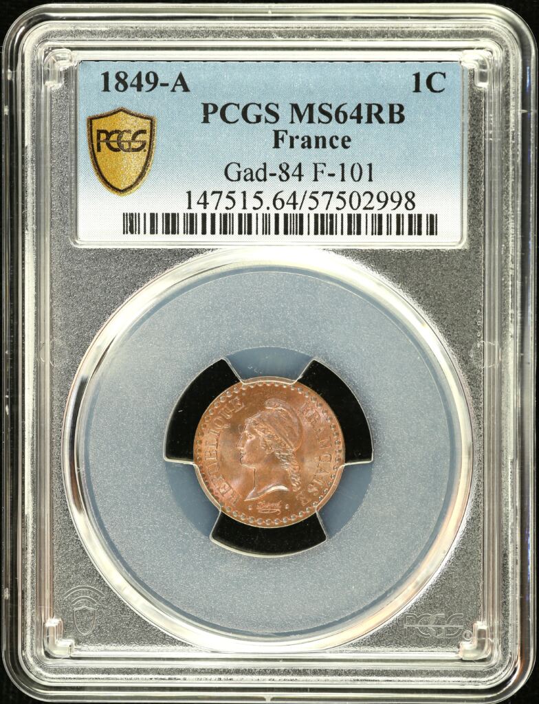 Europe  France  World Coins France Centime 1849 A Gad-84 F-101 PCGS MS64RB 0150400 France Centime 1849 A Gad-84 F-101 PCGS MS64RB 0150400