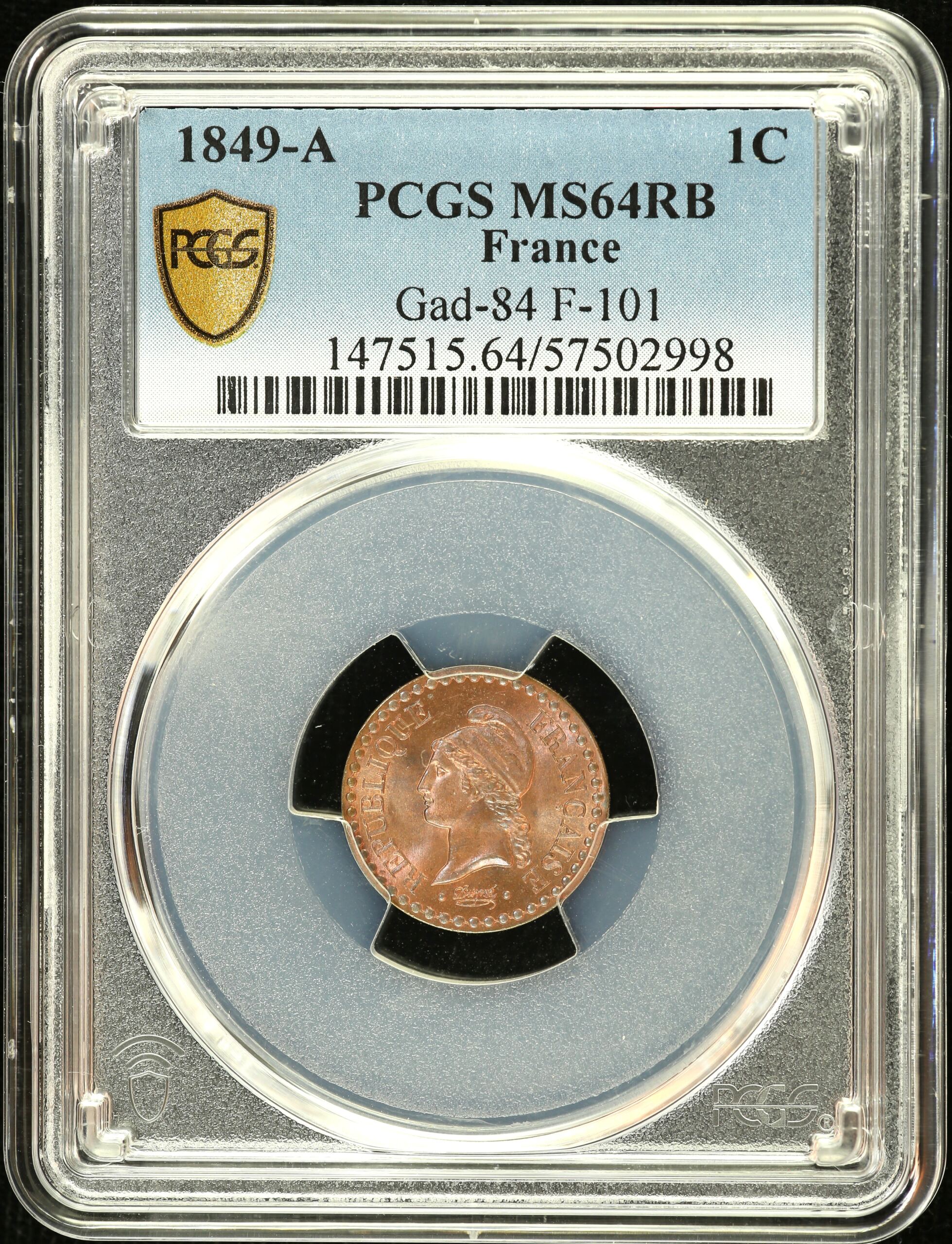 Europe  France  World Coins France Centime 1849 A Gad-84 F-101 PCGS MS64RB 0150400 France Centime 1849 A Gad-84 F-101 PCGS MS64RB 0150400