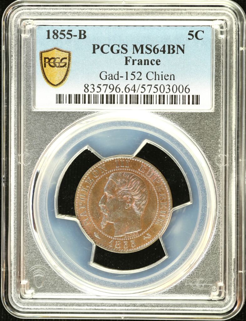 Europe  France  World Coins France 5 Centime 1855 B Gad-152 PCGS MS64BN 0150401 France 5 Centime 1855 B Gad-152 PCGS MS64BN 0150401