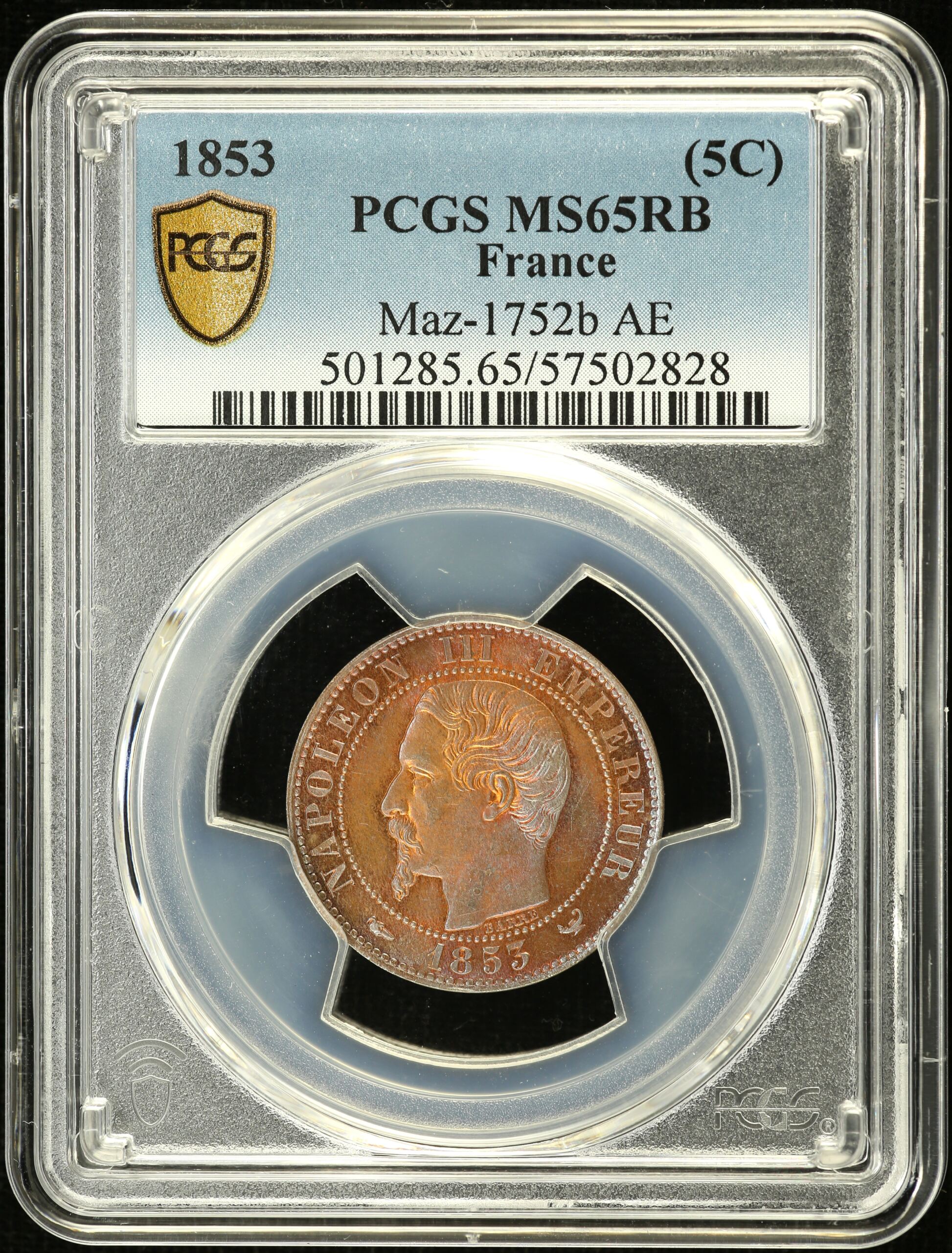 France 5 Centime 1853 Maz-1752b AE PCGS MS65RB 0150402