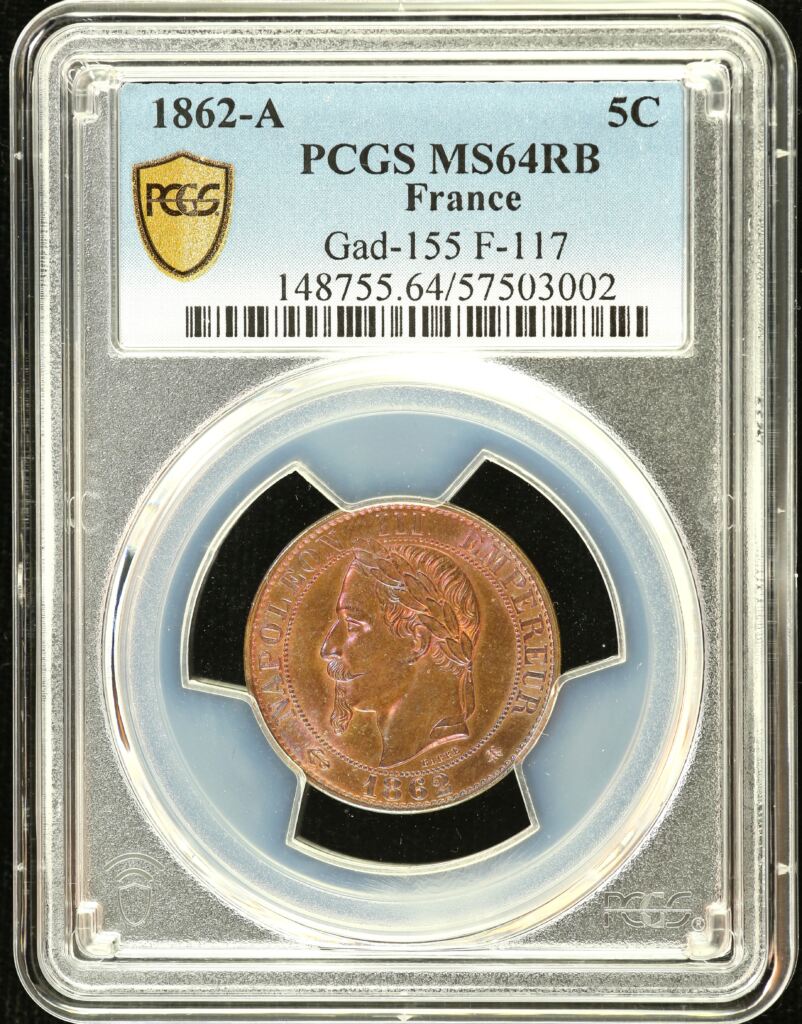 Europe  France  World Coins France 5 Centime 1862 A Gad-155 F-117 PCGS MS64RB 0150403 France 5 Centime 1862 A Gad-155 F-117 PCGS MS64RB 0150403