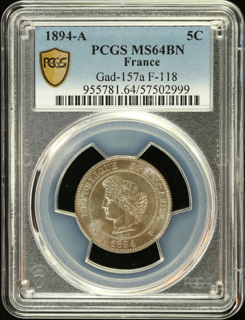 Europe  France  World Coins France 5 Centime 1894 A Gad=157a F-118 PCGS MS64BN 0150404 France 5 Centime 1894 A Gad=157a F-118 PCGS MS64BN 0150404