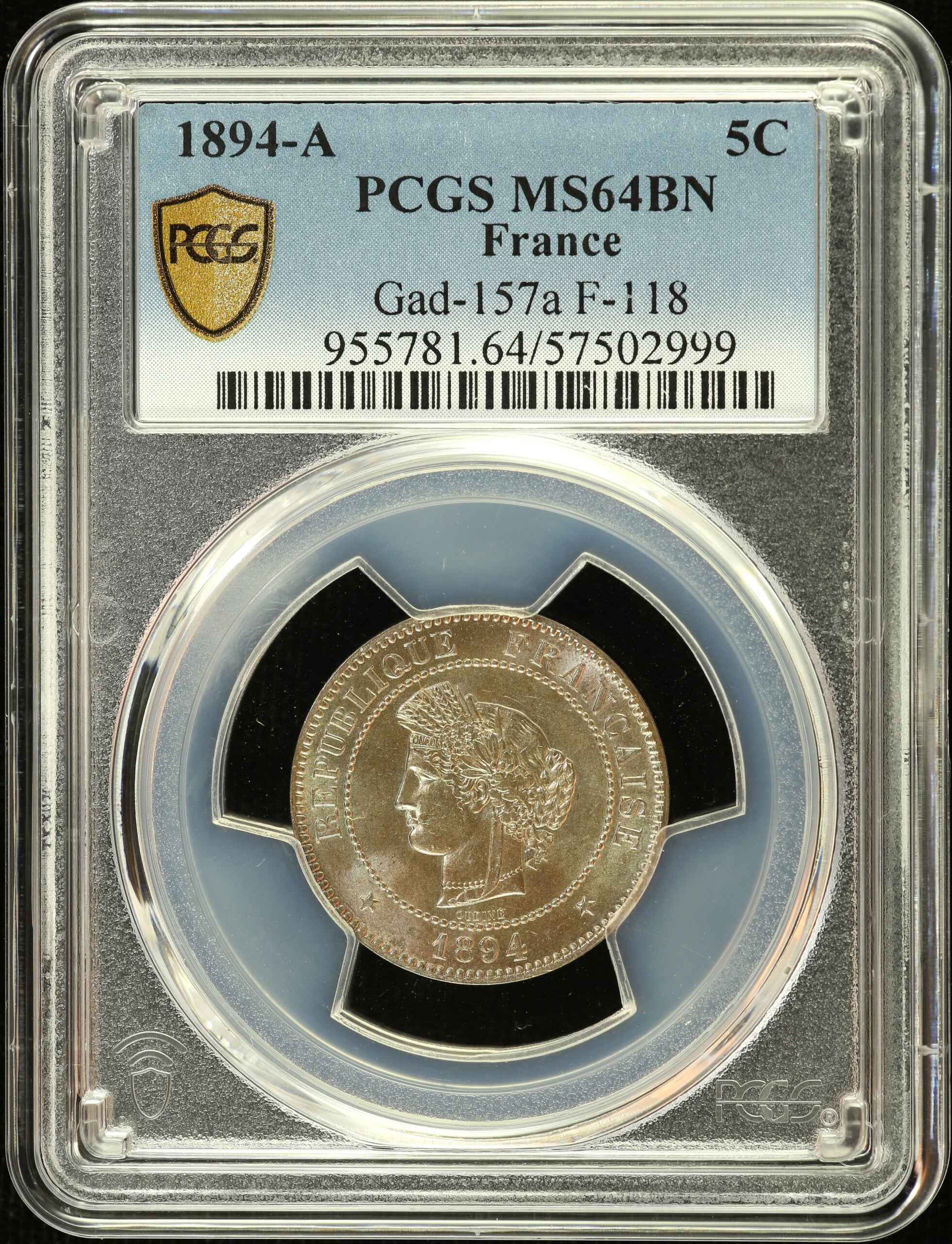 Europe  France  World Coins France 5 Centime 1894 A Gad=157a F-118 PCGS MS64BN 0150404 France 5 Centime 1894 A Gad=157a F-118 PCGS MS64BN 0150404