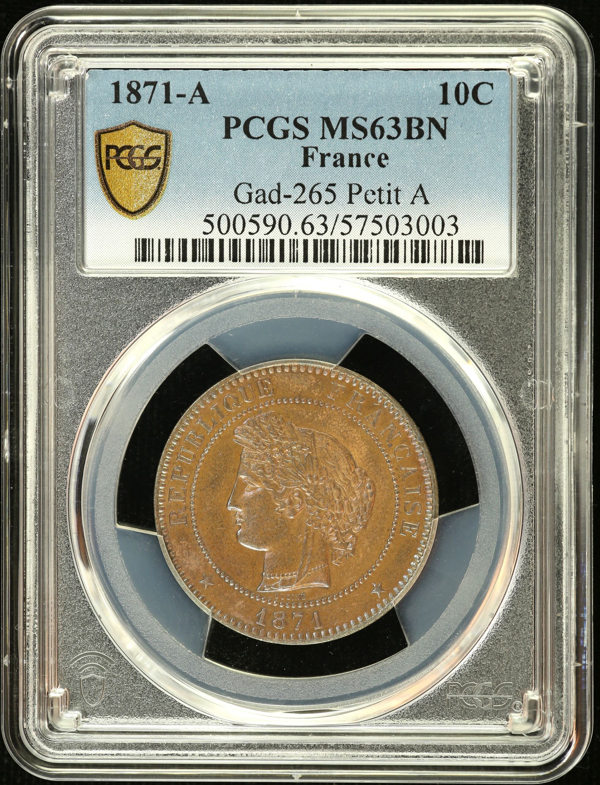 Europe  France  World Coins France 10 Centime 1871 A Gad-265  PCGS MS63BN 0150407 France 10 Centime 1871 A Gad-265  PCGS MS63BN 0150407