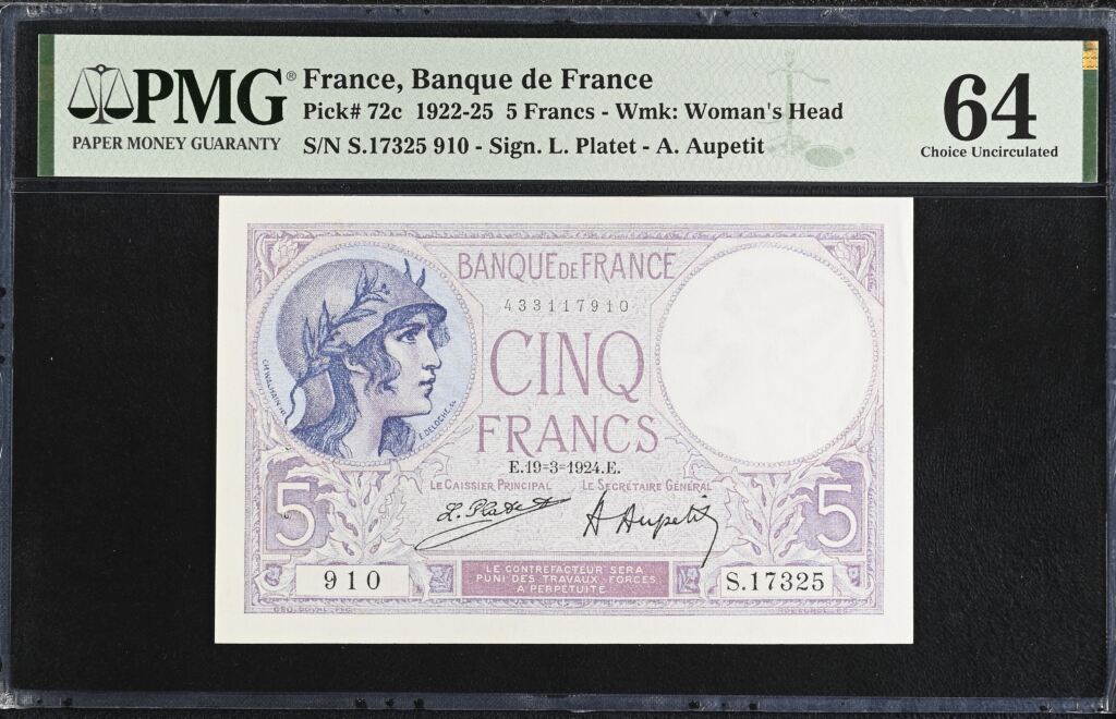 France 5 Francs 1924 PMG Ch UNC64 Pick #72c 0150419