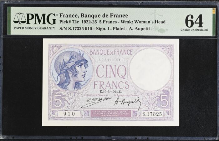 France 5 Francs 1924 PMG Ch UNC64 Pick #72c 0150419France 5 Francs 1924 PMG Ch UNC64 Pick #72c 0150419