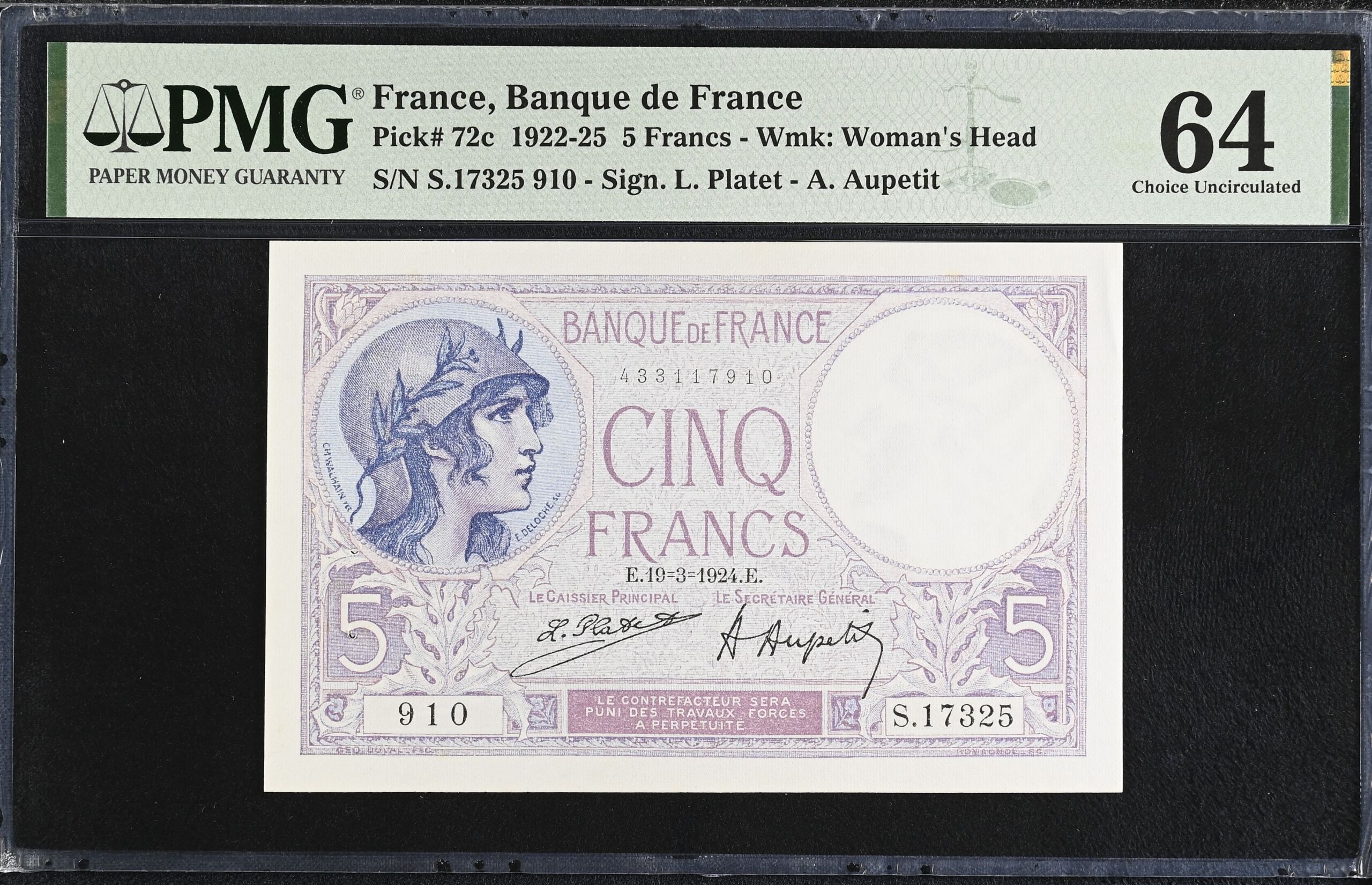France 5 Francs 1924 PMG Ch UNC64 Pick #72c 0150419
