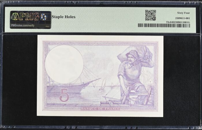 France 5 Francs 1924 PMG Ch UNC64 Pick #72c 0150419France 5 Francs 1924 PMG Ch UNC64 Pick #72c 0150419 - Image 2