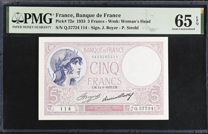 France 5 Francs 1933 PMG Gem UNC65 EPQ Pick #72e 0150420France 5 Francs 1933 PMG Gem UNC65 EPQ Pick #72e 0150420