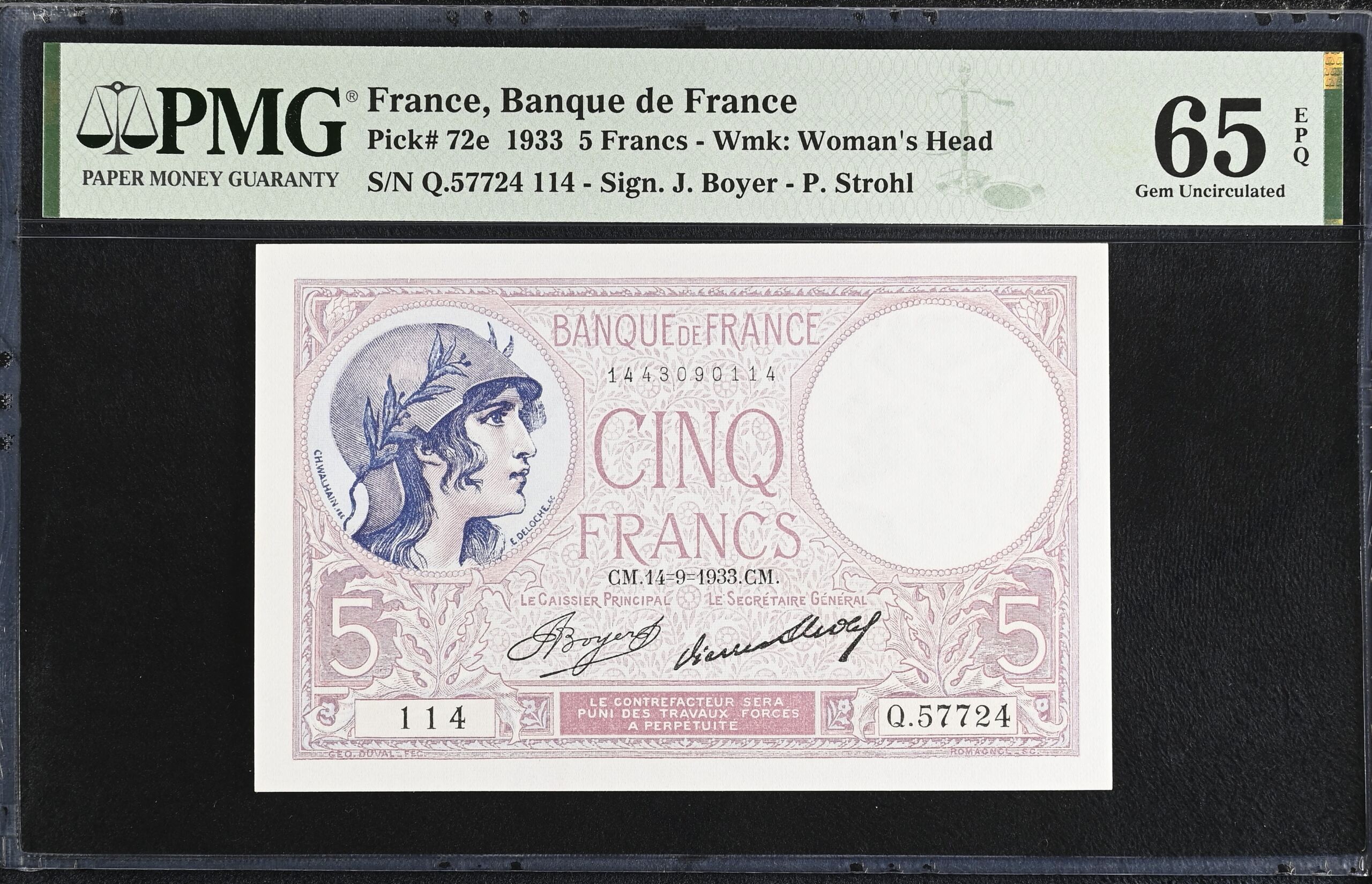 France 5 Francs 1933 PMG Gem UNC65 EPQ Pick #72e 0150420