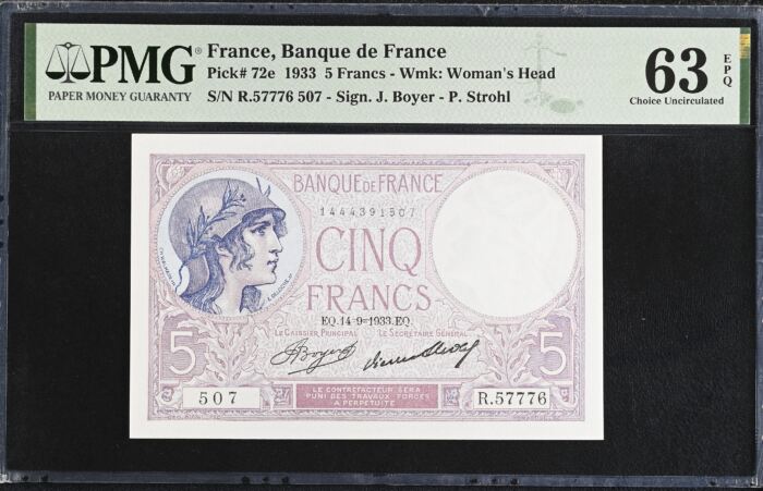 France 5 Francs 1933 PMG Ch UNC63 EPQ Pick #72e 0150421France 5 Francs 1933 PMG Ch UNC63 EPQ Pick #72e 0150421