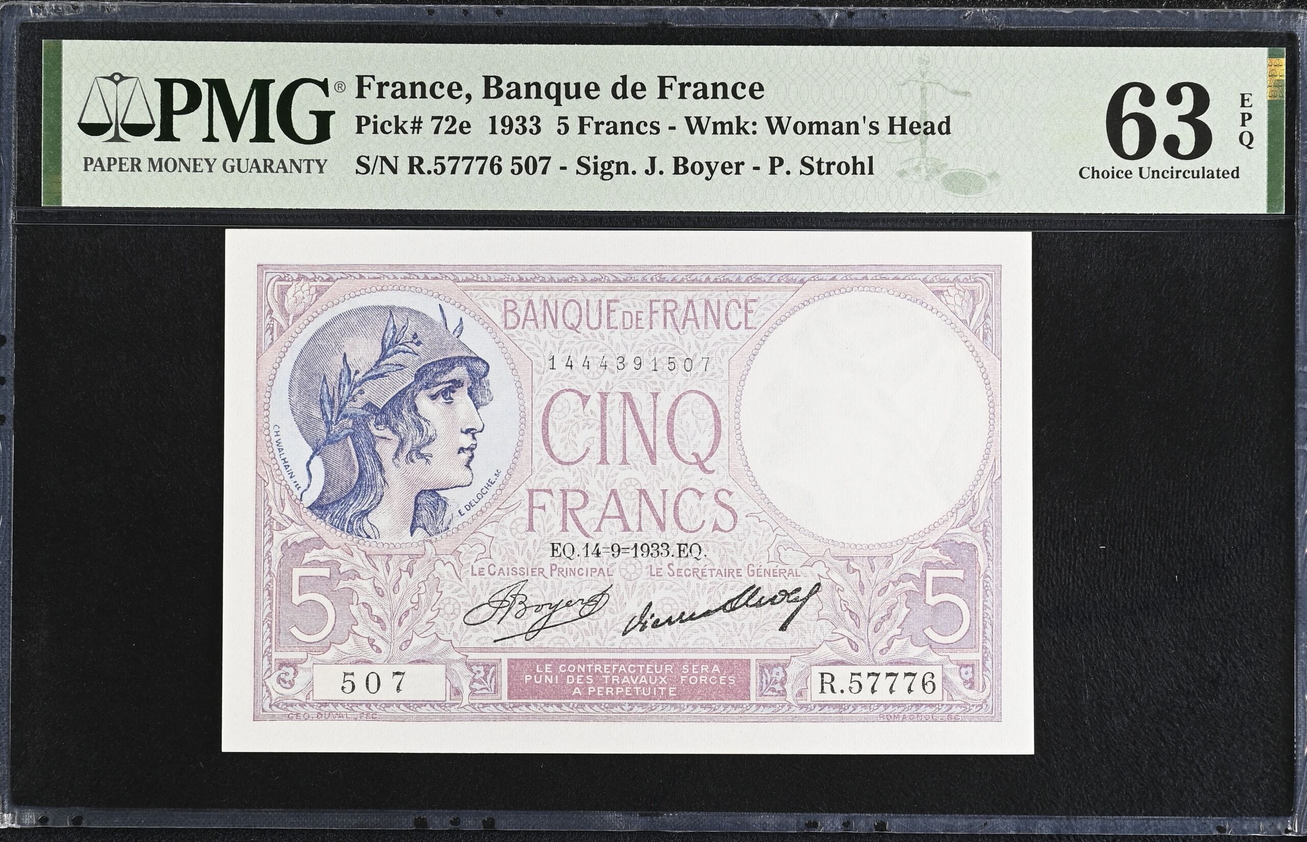 France 5 Francs 1933 PMG Ch UNC63 EPQ Pick #72e 0150421