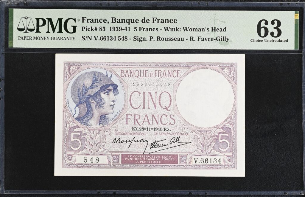 France 5 Francs 1940 PMG Ch UNC63 Pick #83 0150424