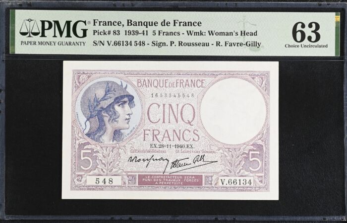 France 5 Francs 1940 PMG Ch UNC63 Pick #83 0150424France 5 Francs 1940 PMG Ch UNC63 Pick #83 0150424