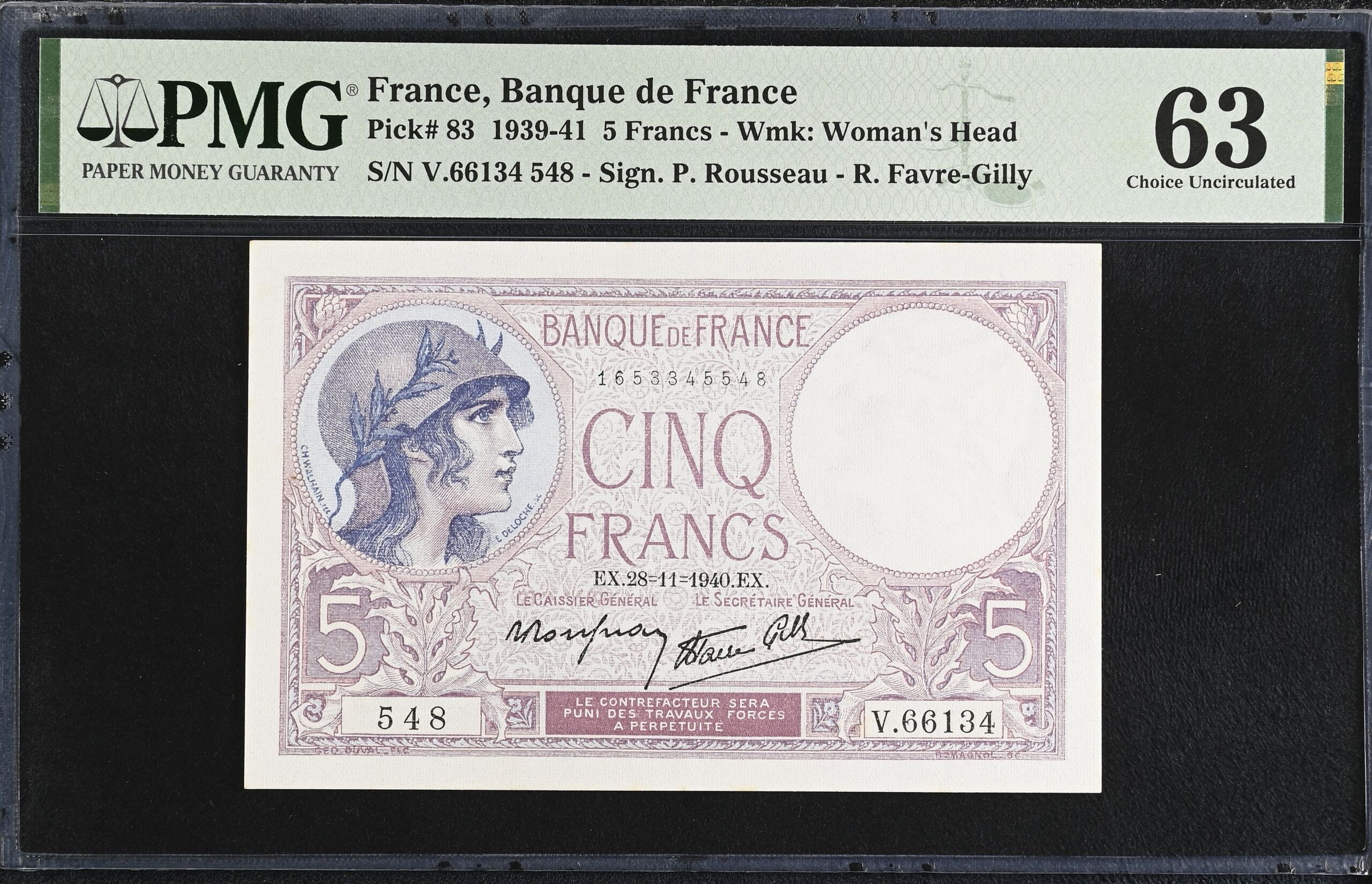 France 5 Francs 1940 PMG Ch UNC63 Pick #83 0150424