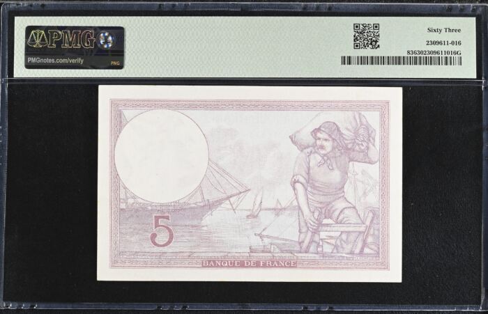 France 5 Francs 1940 PMG Ch UNC63 Pick #83 0150424France 5 Francs 1940 PMG Ch UNC63 Pick #83 0150424 - Image 2