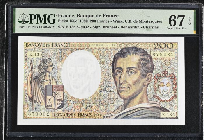 France 200 Francs 1992 PMG Superb Gem UNC67 EPQ Pick #155e 0150452France 200 Francs 1992 PMG Superb Gem UNC67 EPQ Pick #155e 0150452