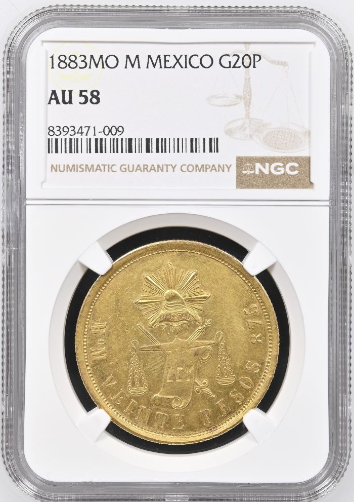 Republic Gold 20 Peso 1883 Mo M NGC AU58 0150601Republic Gold 20 Peso 1883 Mo M NGC AU58 0150601