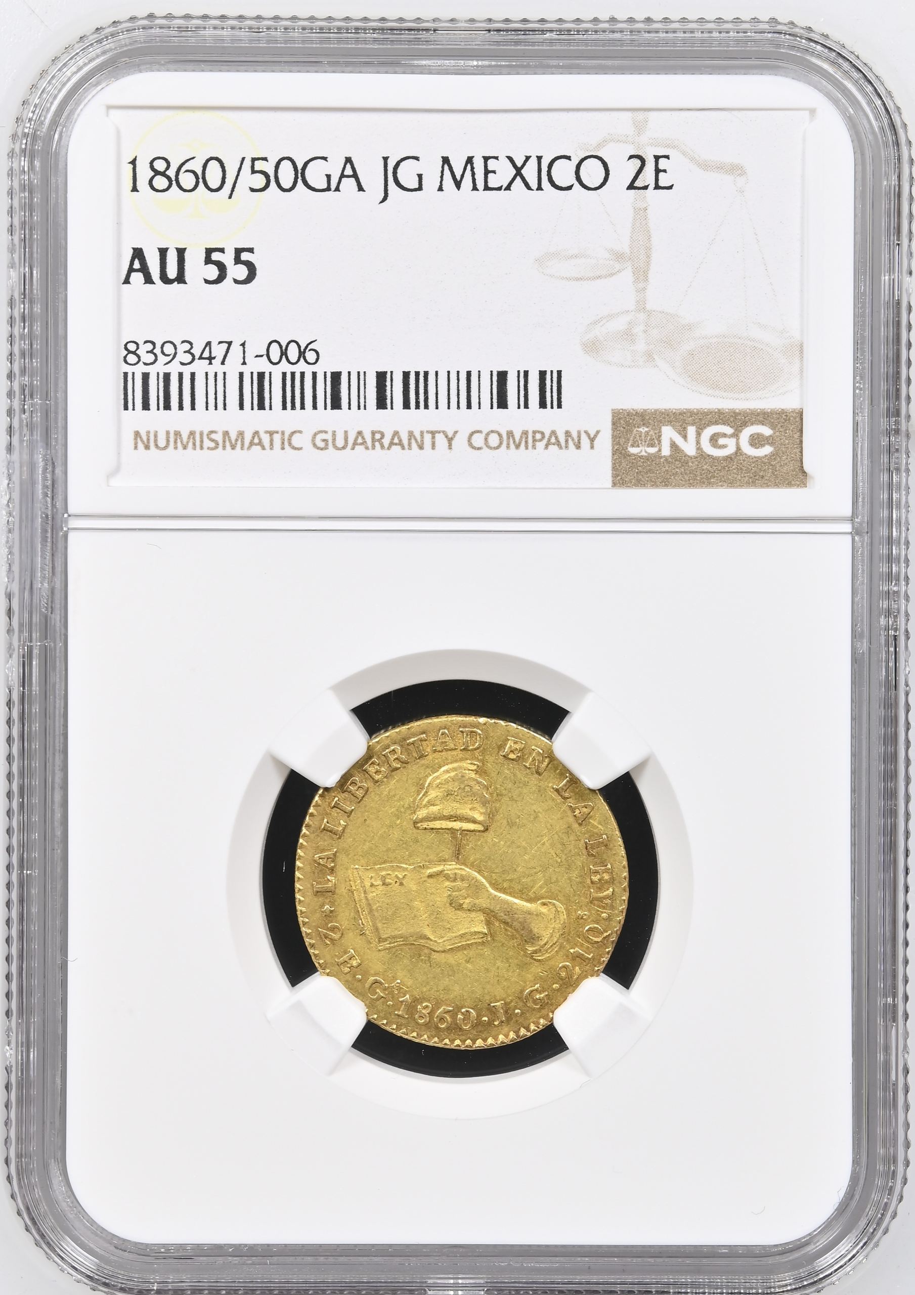 Republic Gold 2 Escudos 1860/50 Ga JG NGC AU55 0150603