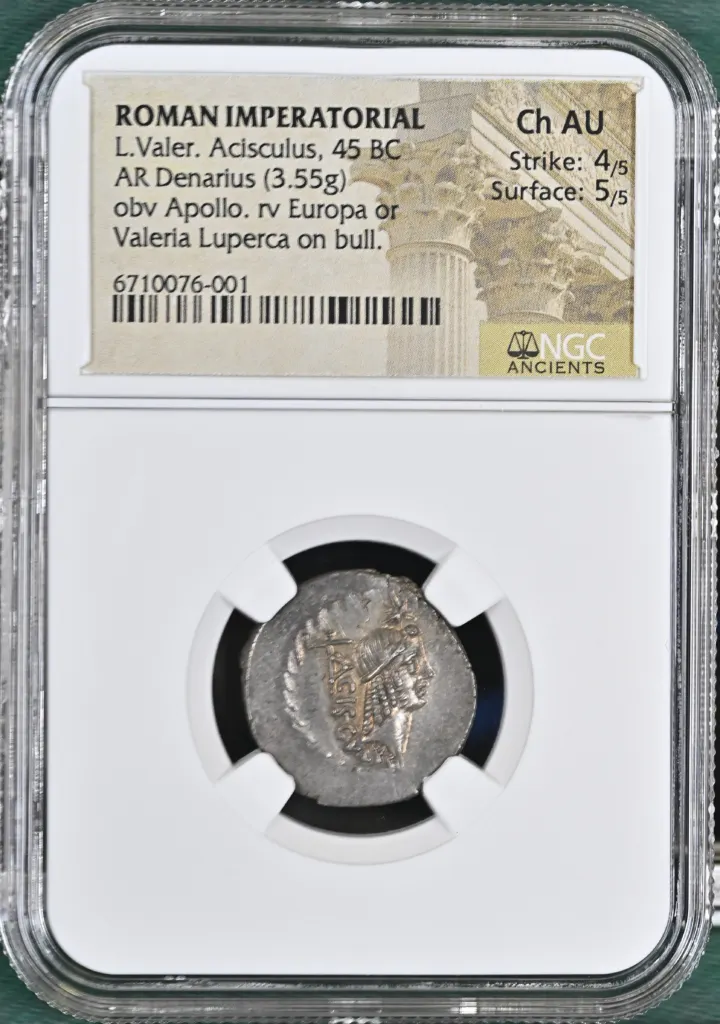 Roman Imperatorial L. Valerius Acisculus 45 BC AR Denarius NGC Ch AU 0150618