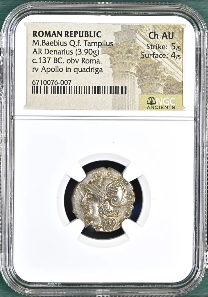 Ancient Coins Roman Republic Roman Republic M. Baebius Tampilus c.137 BC AR Denarius NGC Ch AU 0150619 Roman Republic M. Baebius Tampilus c.137 BC AR Denarius NGC Ch AU 0150619