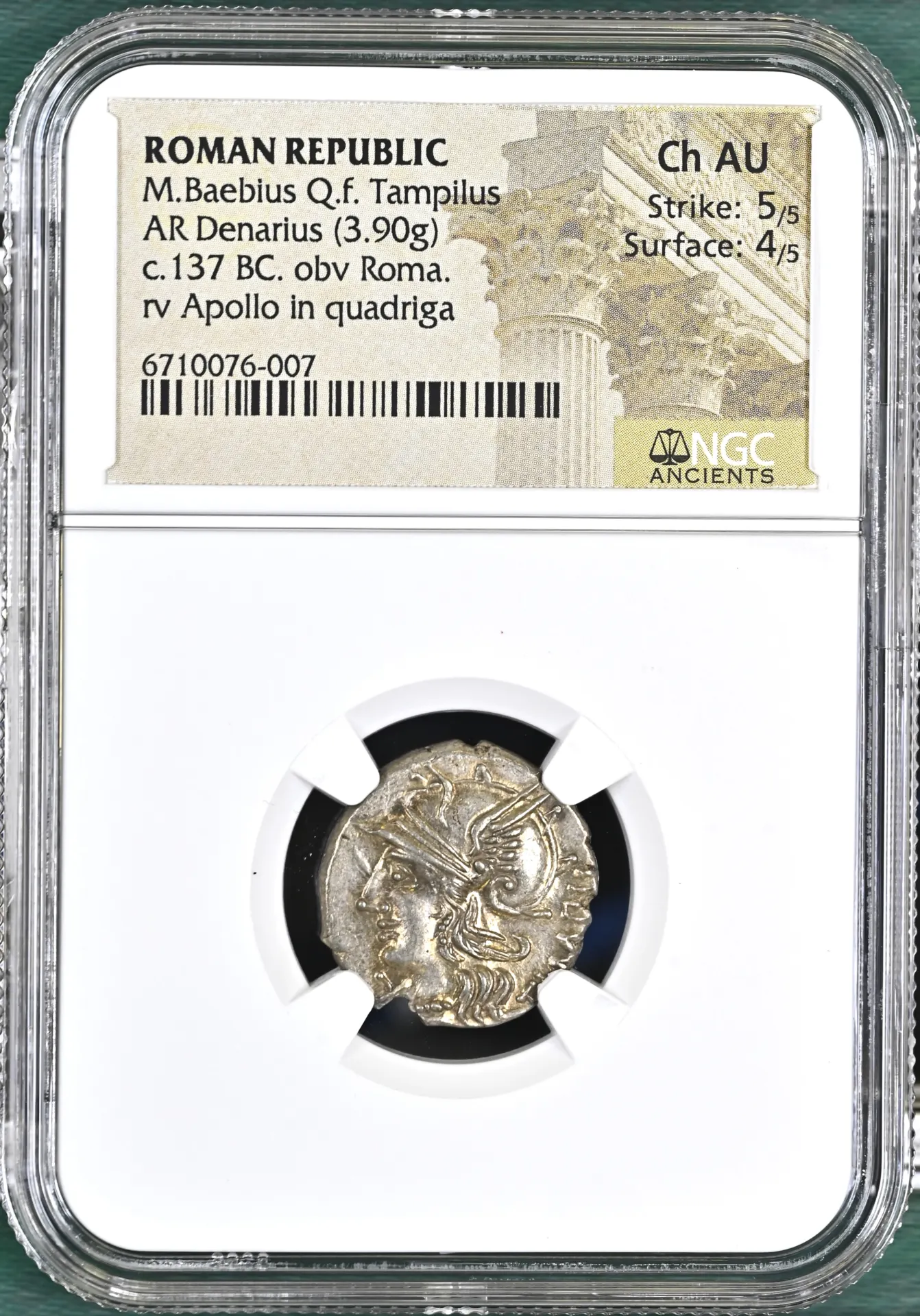 Roman Republic M. Baebius Tampilus c.137 BC AR Denarius NGC Ch AU 0150619