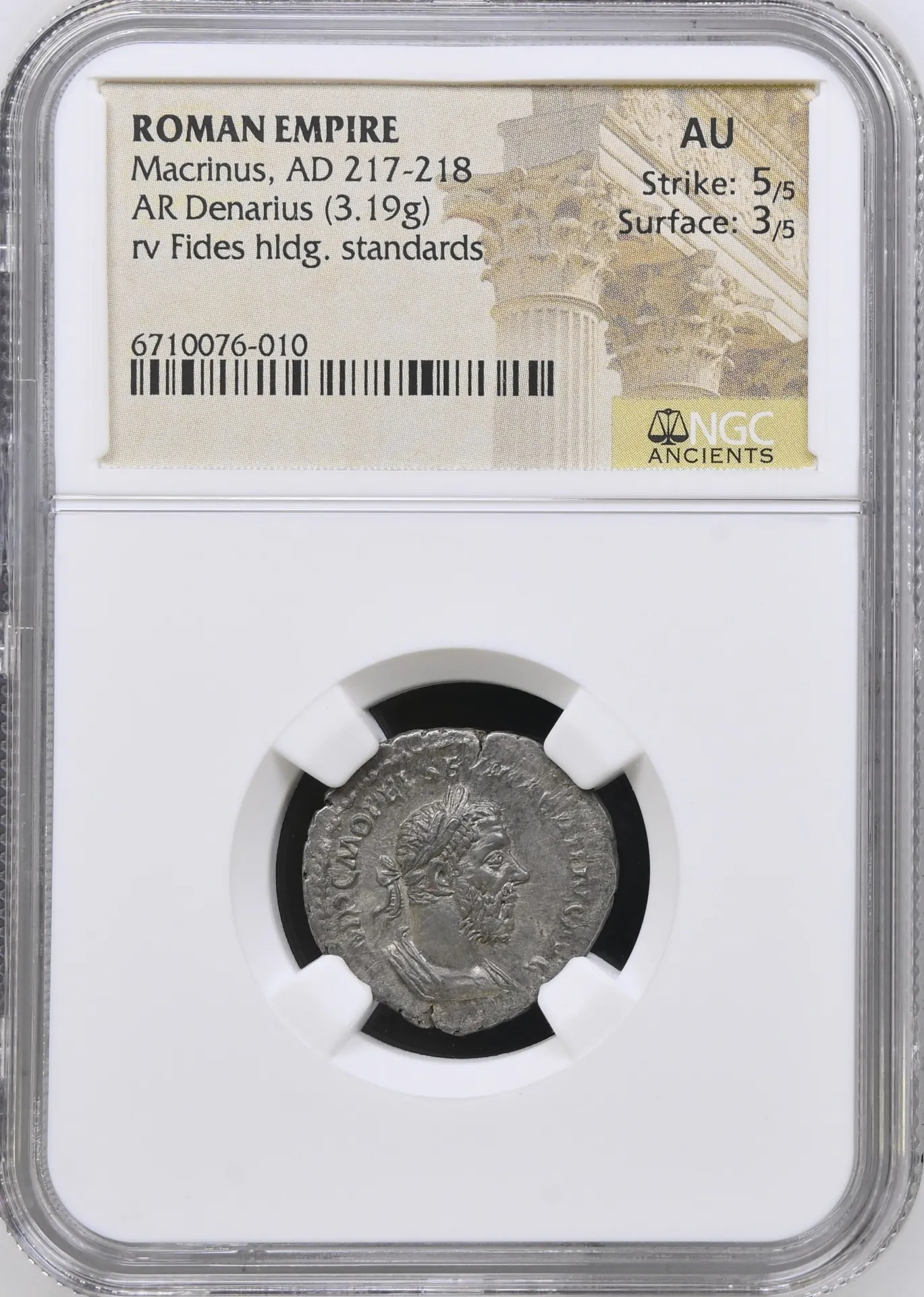 Roman Imperial Macrinus 217-218 AD AR Denarius NGC AU 0150688