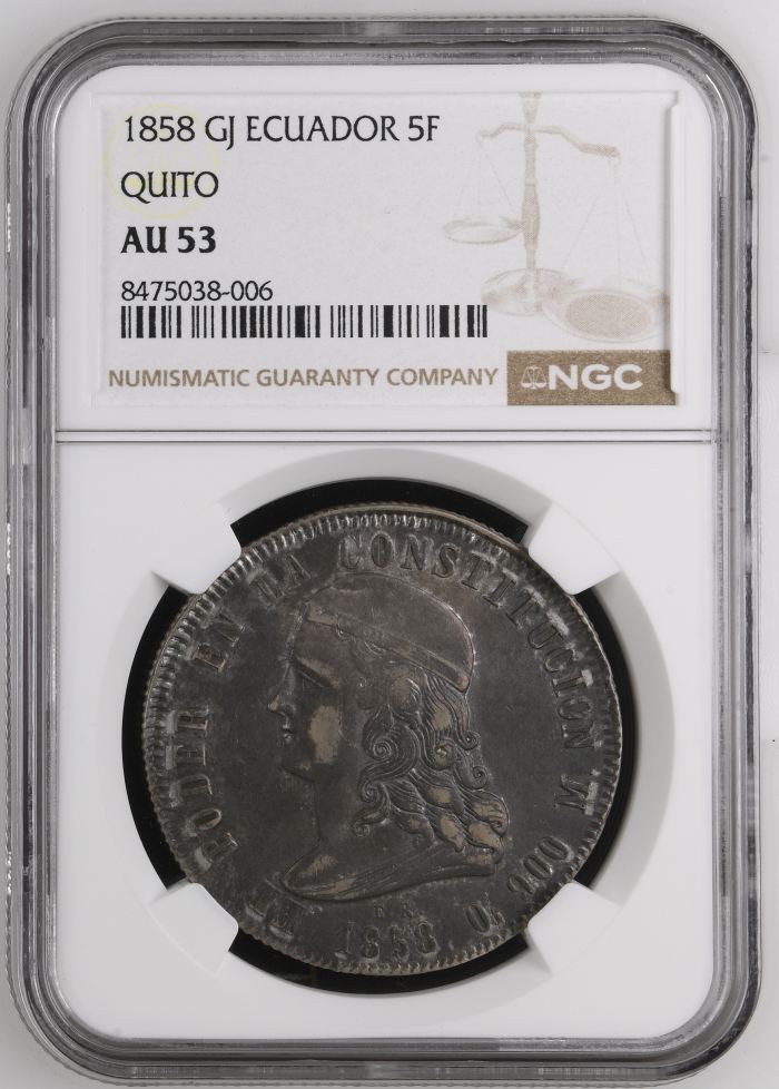 Ecuador 5 Francos 1858 Quito GJ NGC AU53 0150691Ecuador 5 Francos 1858 Quito GJ NGC AU53 0150691