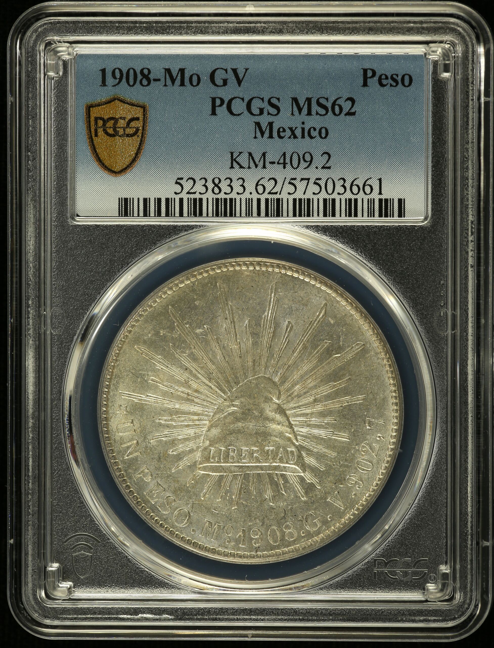 Republic Silver & Minors Peso 1908 Mo GV PCGS MS62 KM-409.2 0150711