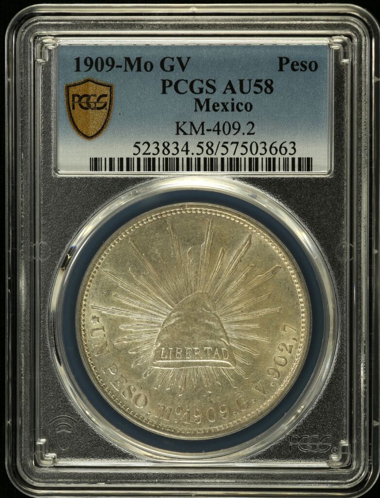 Republic Silver & Minors Peso 1909 Mo GV PCGS AU58 KM-409.2 0150712