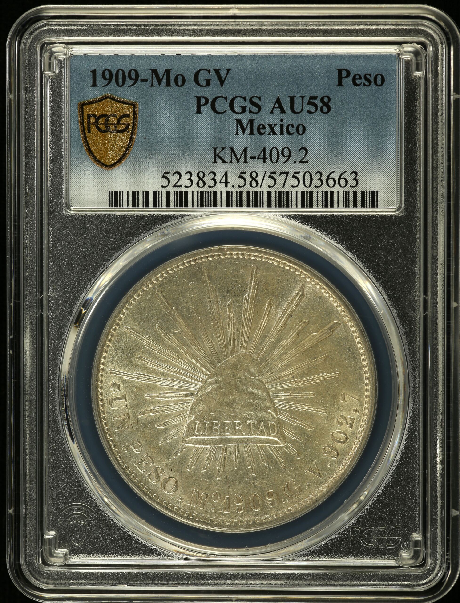 Republic Silver & Minors Peso 1909 Mo GV PCGS AU58 KM-409.2 0150712
