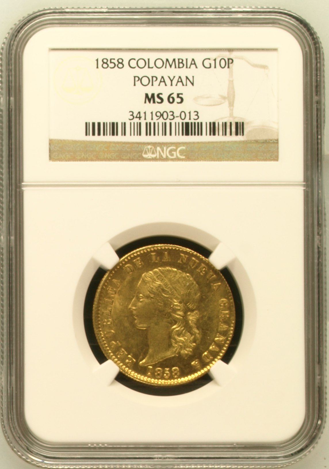 Colombia 10 Peso 1858 Popayan NGC MS65 0151619