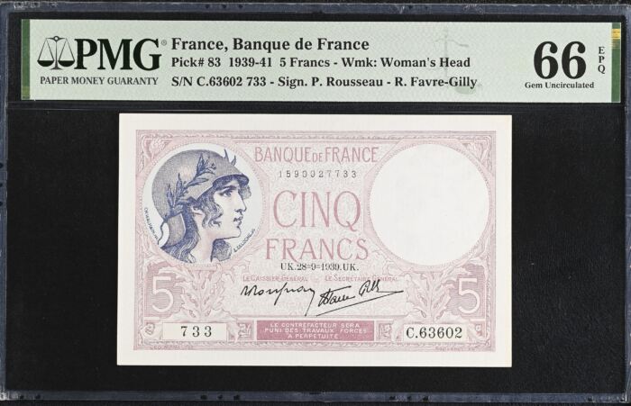 France 5 Francs 1939 PMG Gem UNC66 EPQ Pick #83 0150423France 5 Francs 1939 PMG Gem UNC66 EPQ Pick #83 0150423