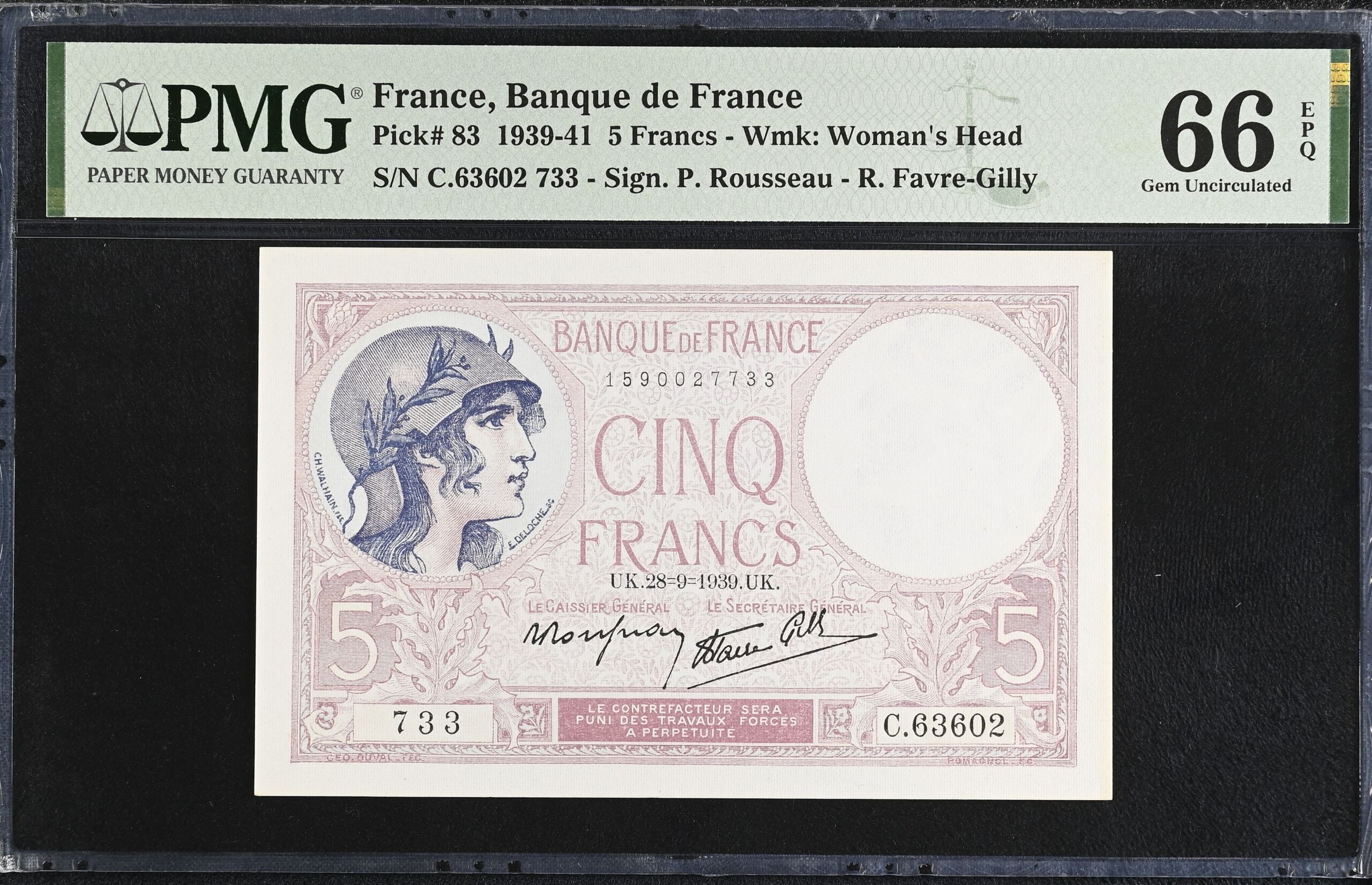 France 5 Francs 1939 PMG Gem UNC66 EPQ Pick #83 0150423