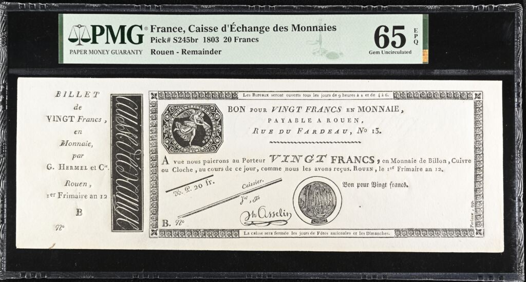 France 20 Francs 1803 PMG Gem UNC65 EPQ Pick #S245br 0150418