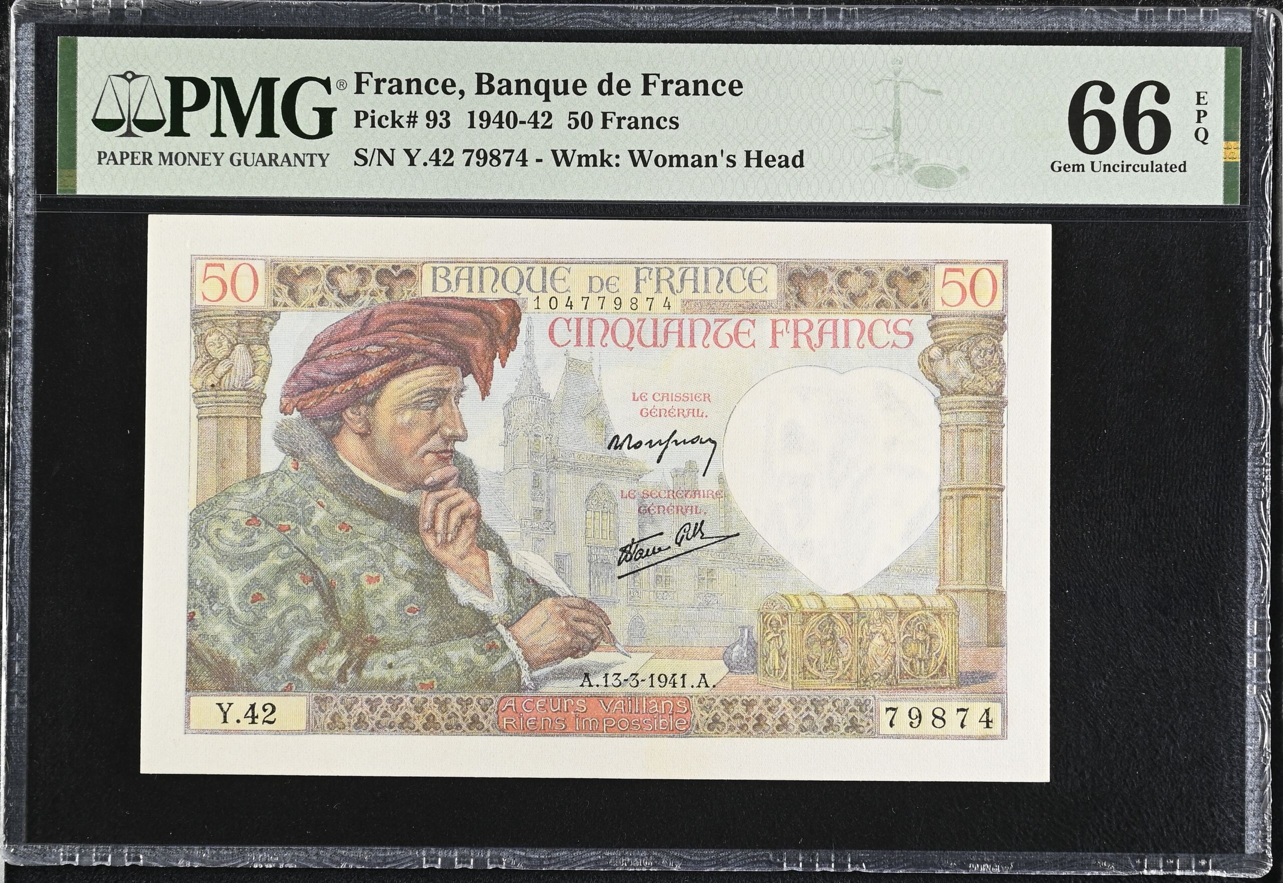 France 50 Francs 1941 PMG Gem UNC66 EPQ Pick #93 0150428
