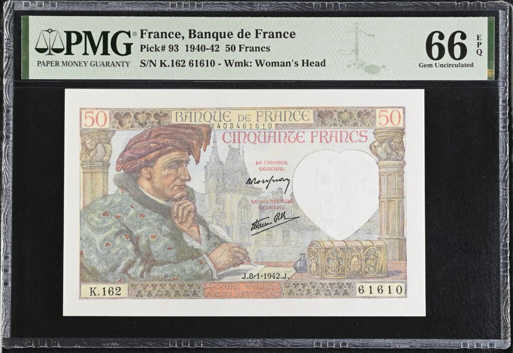 France 50 Francs 1942 PMG Gem UNC66 EPQ Pick #93 0150429