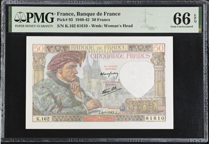 France 50 Francs 1942 PMG Gem UNC66 EPQ Pick #93 0150429France 50 Francs 1942 PMG Gem UNC66 EPQ Pick #93 0150429