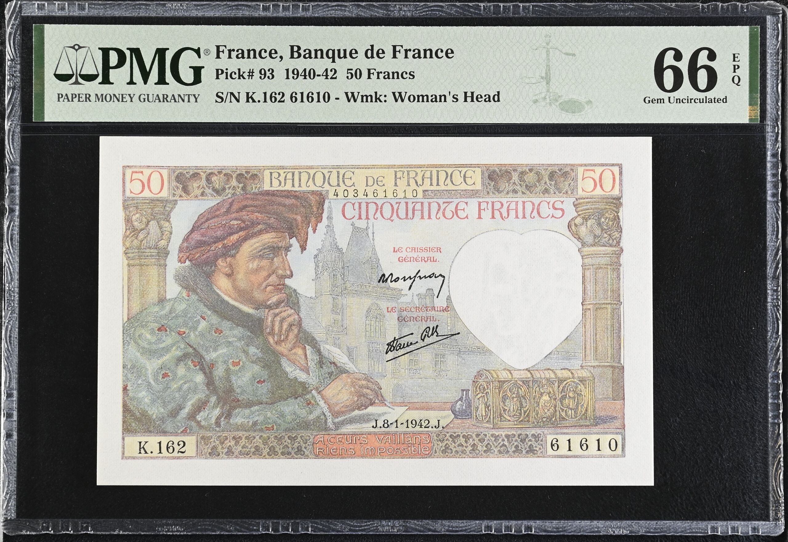 France 50 Francs 1942 PMG Gem UNC66 EPQ Pick #93 0150429