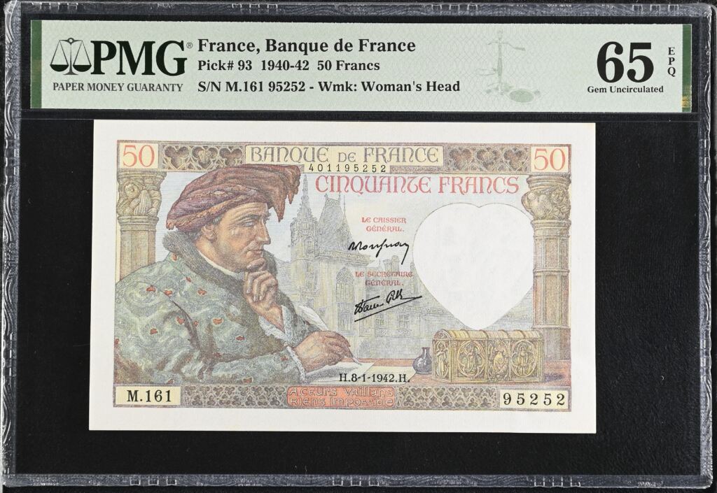France 50 Francs 1942 PMG Gem UNC65 EPQ Pick #93 0150430