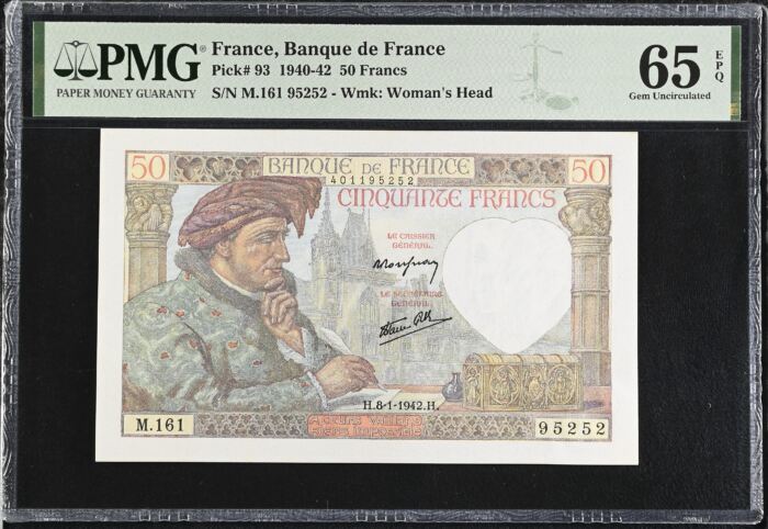 France 50 Francs 1942 PMG Gem UNC65 EPQ Pick #93 0150430France 50 Francs 1942 PMG Gem UNC65 EPQ Pick #93 0150430
