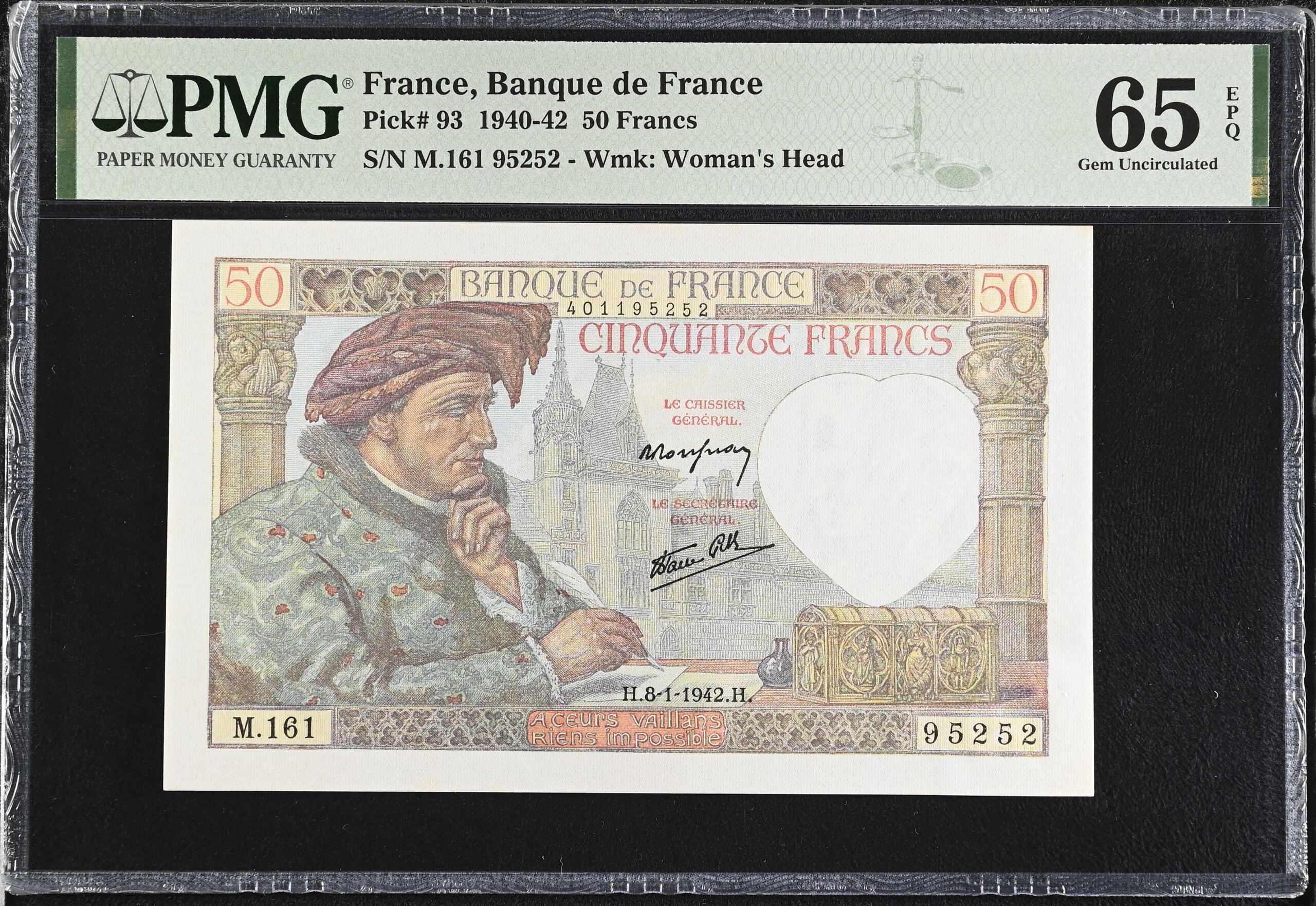 France 50 Francs 1942 PMG Gem UNC65 EPQ Pick #93 0150430