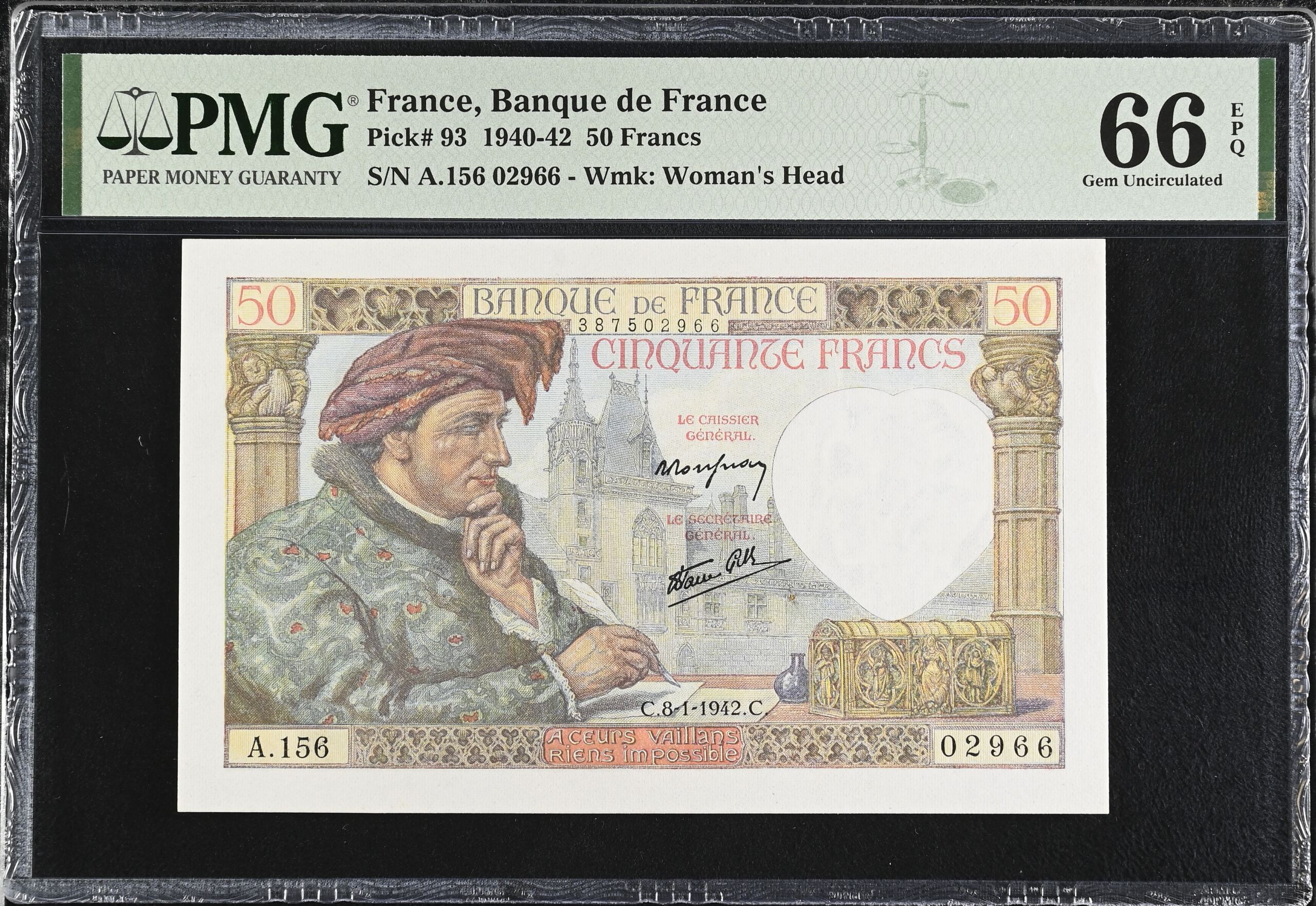 France 50 Francs 1942 PMG Gem UNC66 EPQ Pick #93 0150431