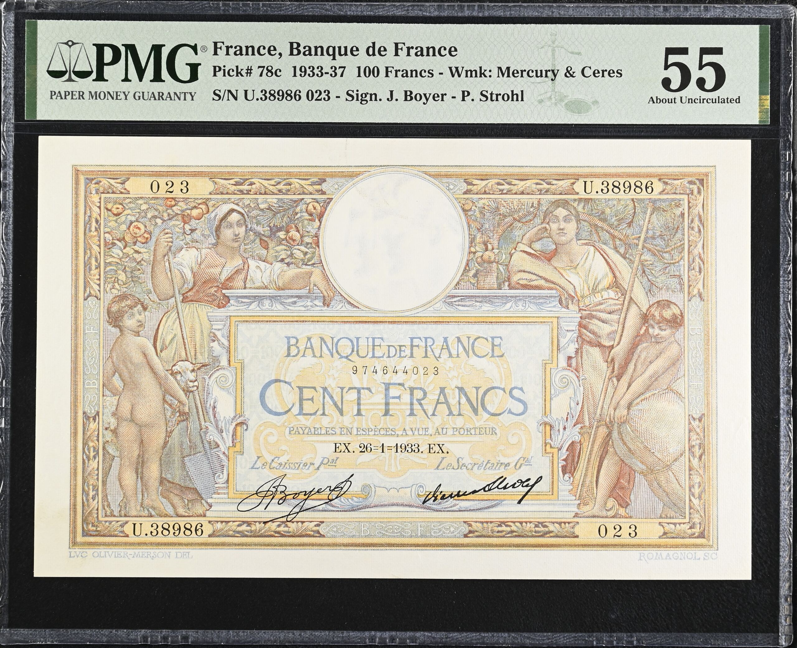 France 100 Francs 1933 PMG AU55 Pick #78c 0150432