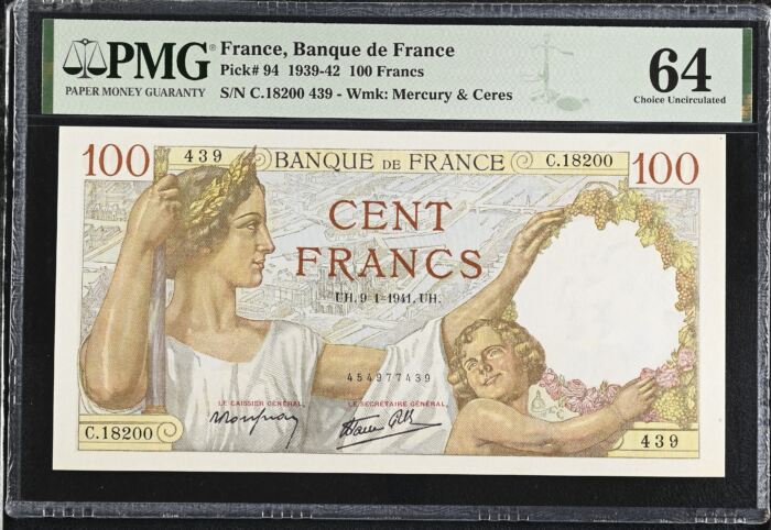 France 100 Francs 1941 PMG Ch UNC64 Pick #94 0150434France 100 Francs 1941 PMG Ch UNC64 Pick #94 0150434