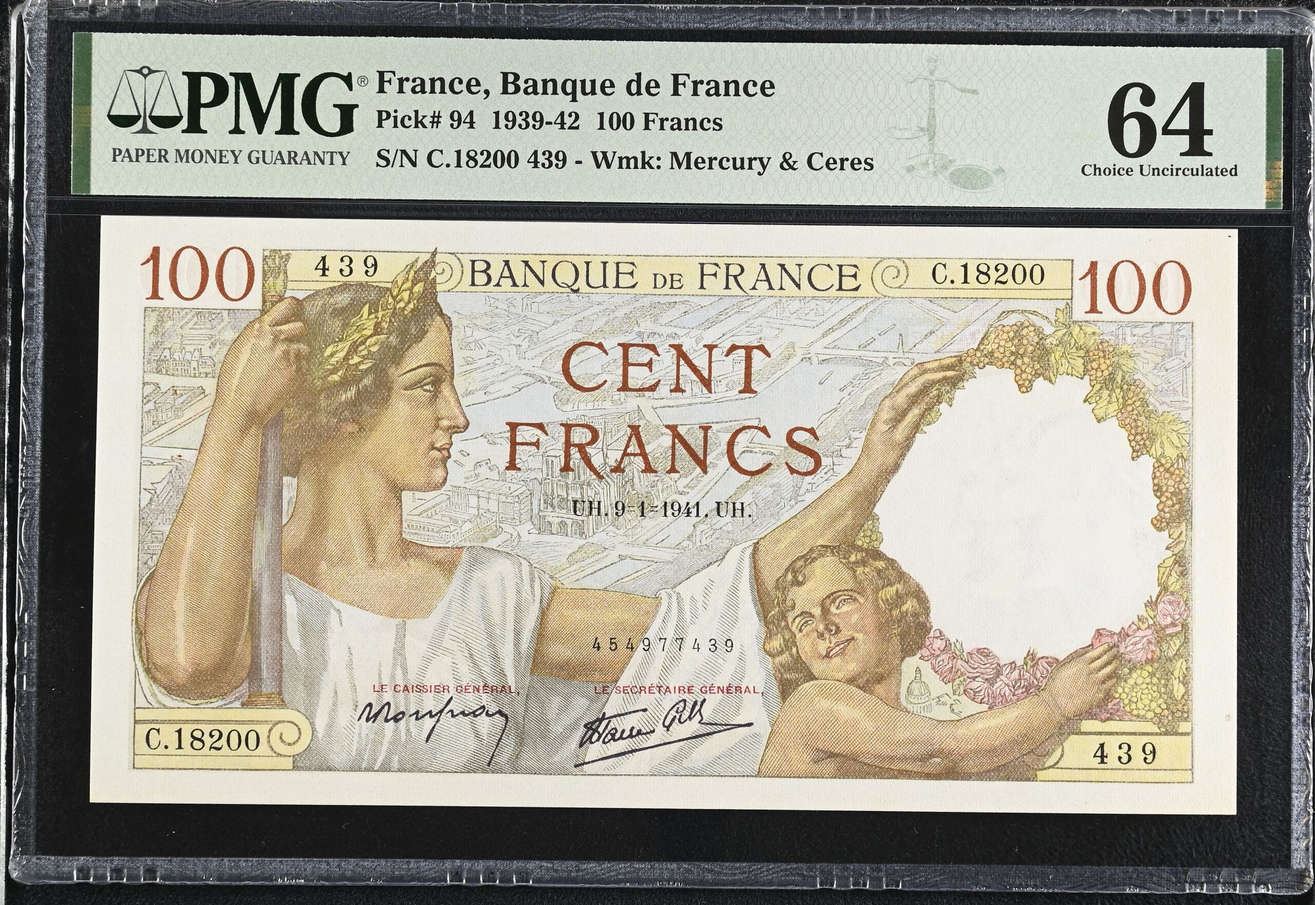France 100 Francs 1941 PMG Ch UNC64 Pick #94 0150434