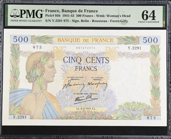 France 500 Francs 1941 PMG Ch UNC64 Pick #95b 0150436France 500 Francs 1941 PMG Ch UNC64 Pick #95b 0150436