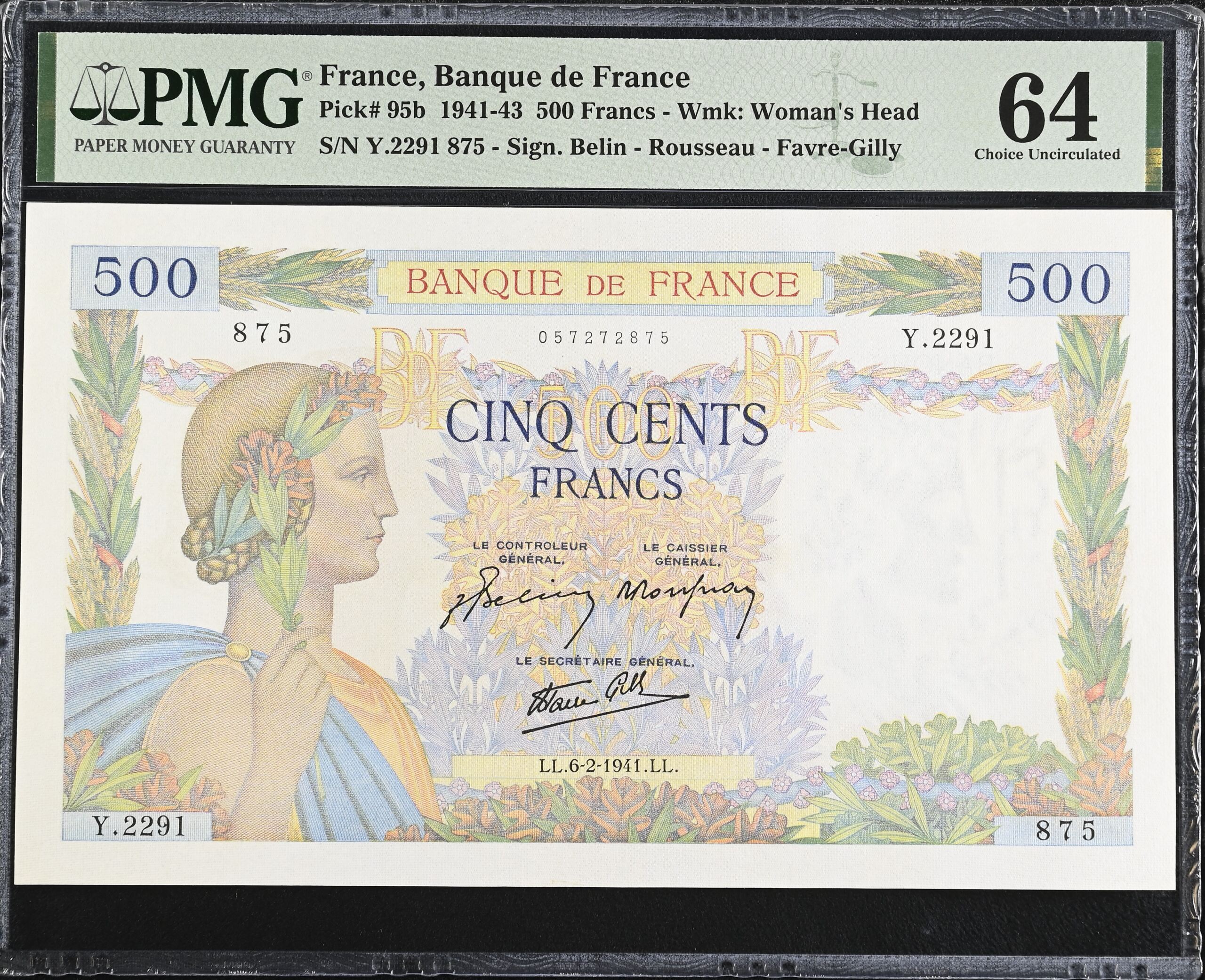 France 500 Francs 1941 PMG Ch UNC64 Pick #95b 0150436